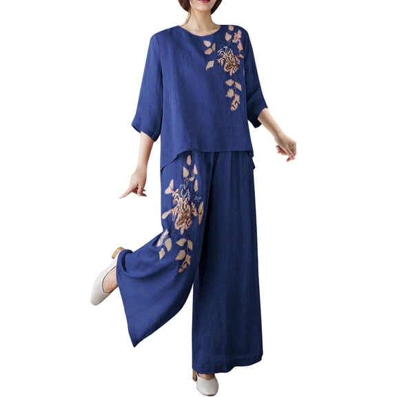 Hrsba Cute 2 Piece Outfits for Women,Vintage Embroidered Pullover Shirt with Lightweight Wide Leg Pants Summer Set