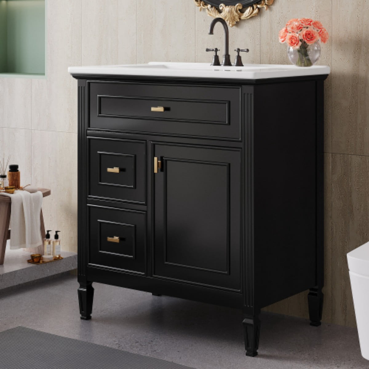 30" Bathroom Vanity with Sink, Modern Bathroom Cabinet with Ceramic Undermount Sink, Solid Wood & MDF Storage Cabinet with Flip Drawer, Adjustable Shelf, Black