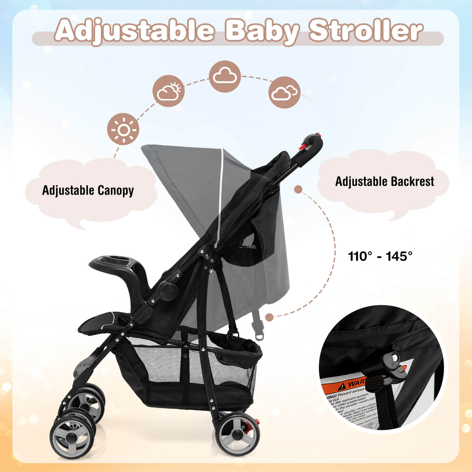 Costway Lightweight Baby Stroller with 5-Point Harness, Black photo 5