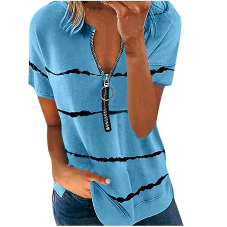 

Womens Tops Oversized T Shirts for Women Women Large Size Zipper Stripe Print V-Neck Short Sleeve T-shirt Top Blouse Backless Top Crop Tops for Women Savings Clearance White Crop Top Blue S