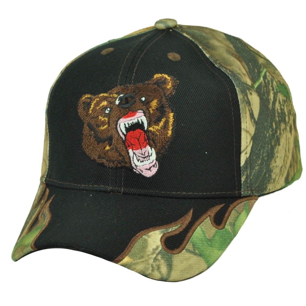 Bear Grizzly Outdoors Hunting Camouflage Camo Flames Hat Black Cap Wild