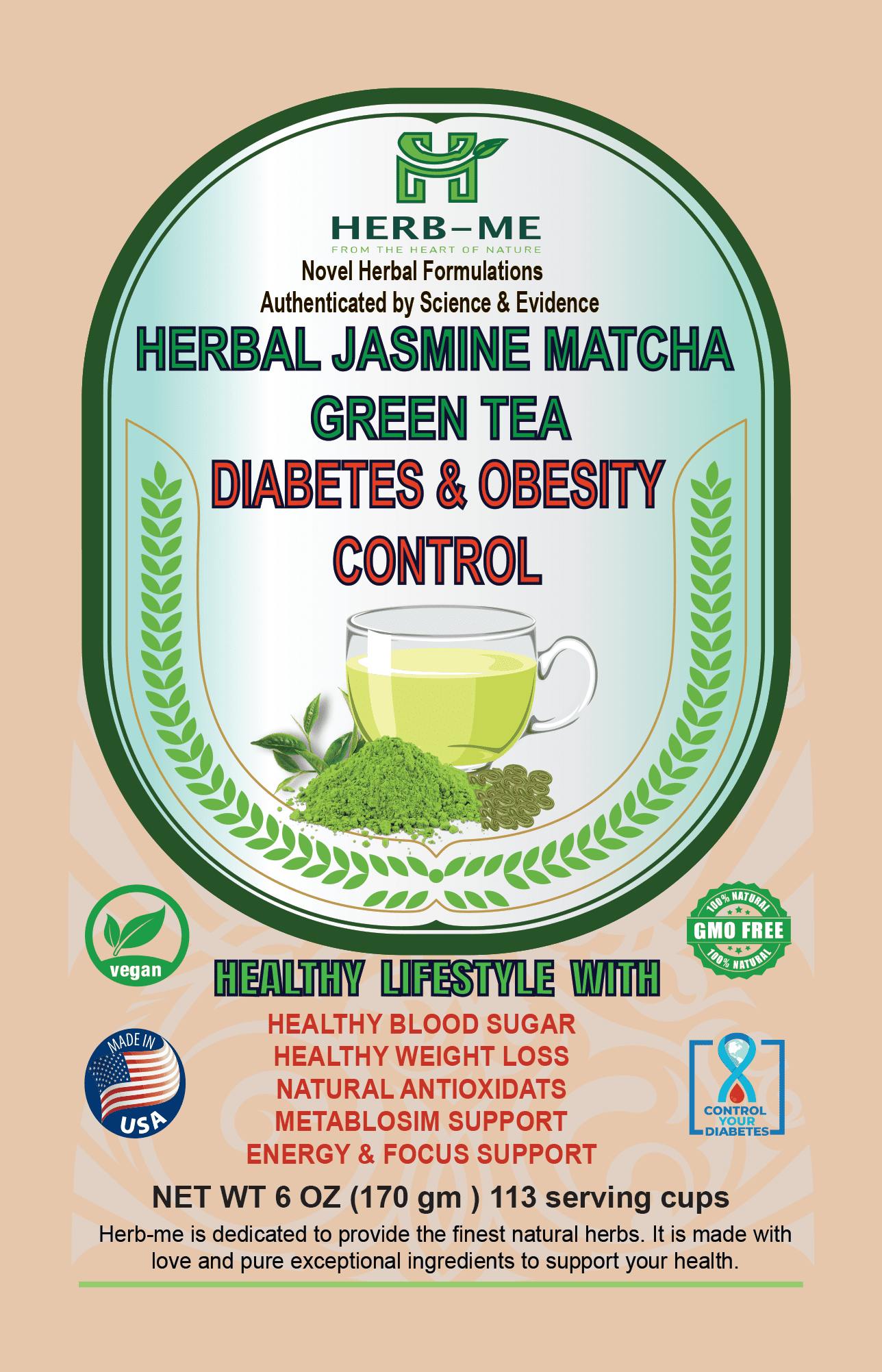 HerbMe, Green Tea - Diabetes & Obesity Control - Jasmine Matcha- Healthy Brain- All Organic, 113 Serving Cups