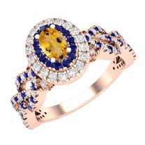 Dazzlingrock Collection 6X4mm Oval Citrine with Round Blue Sapphire & White Diamond Interweaving Double Halo Wedding Ring for Women in 10K Rose Gold, Size 7