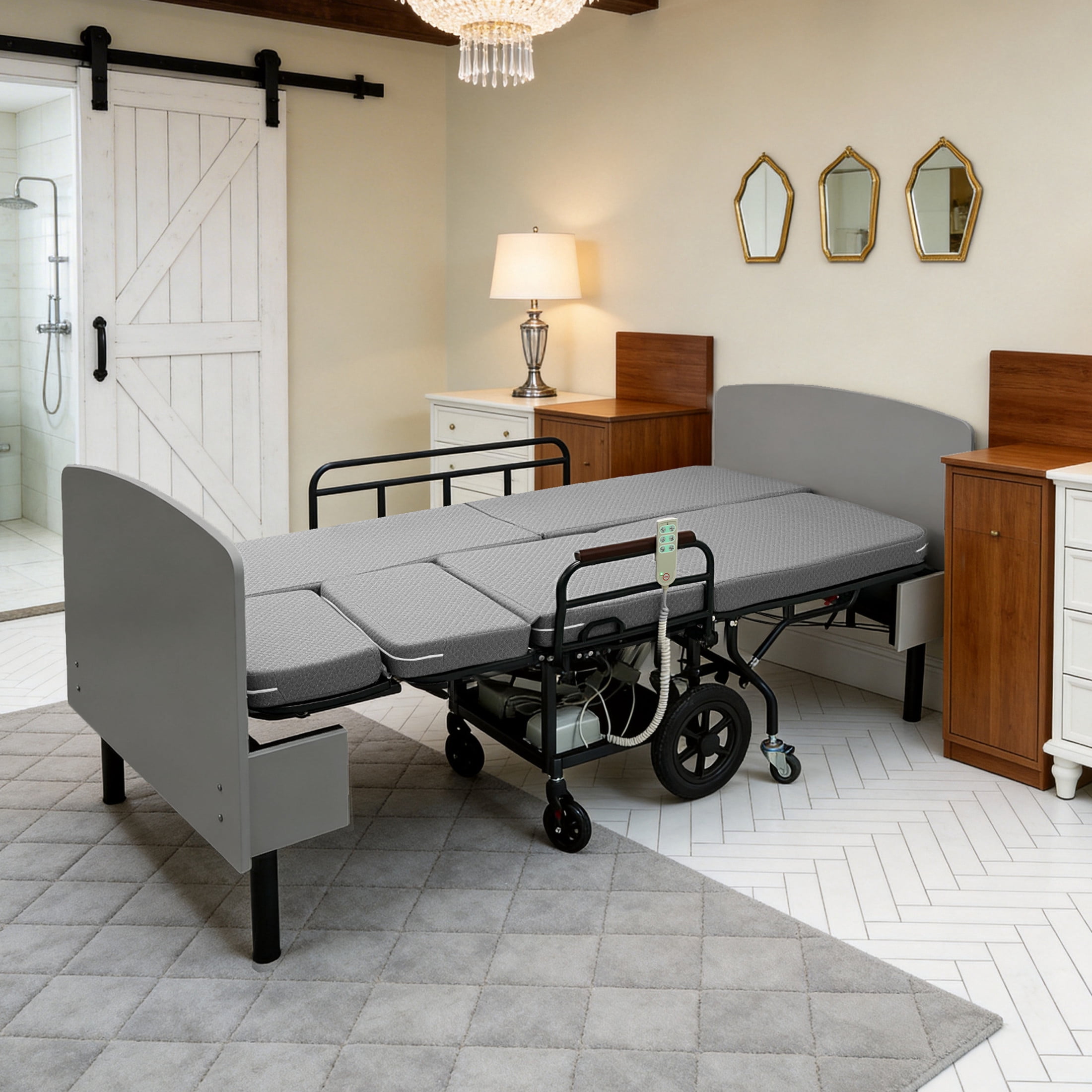Noble House 3-in-1 Electric Nursing Bed, Adjustable Care Bed Converts to Wheelchair & Stretcher, Gray