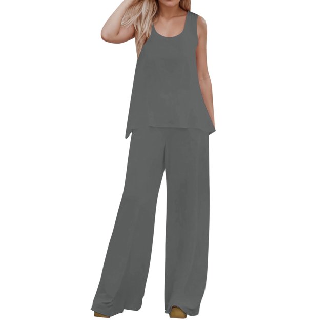 Conjunto de 2 piezas para mujer: chaleco sin mangas y pantalones anchos, estilo boho informal, color liso, mezcla de poliéster y spandex