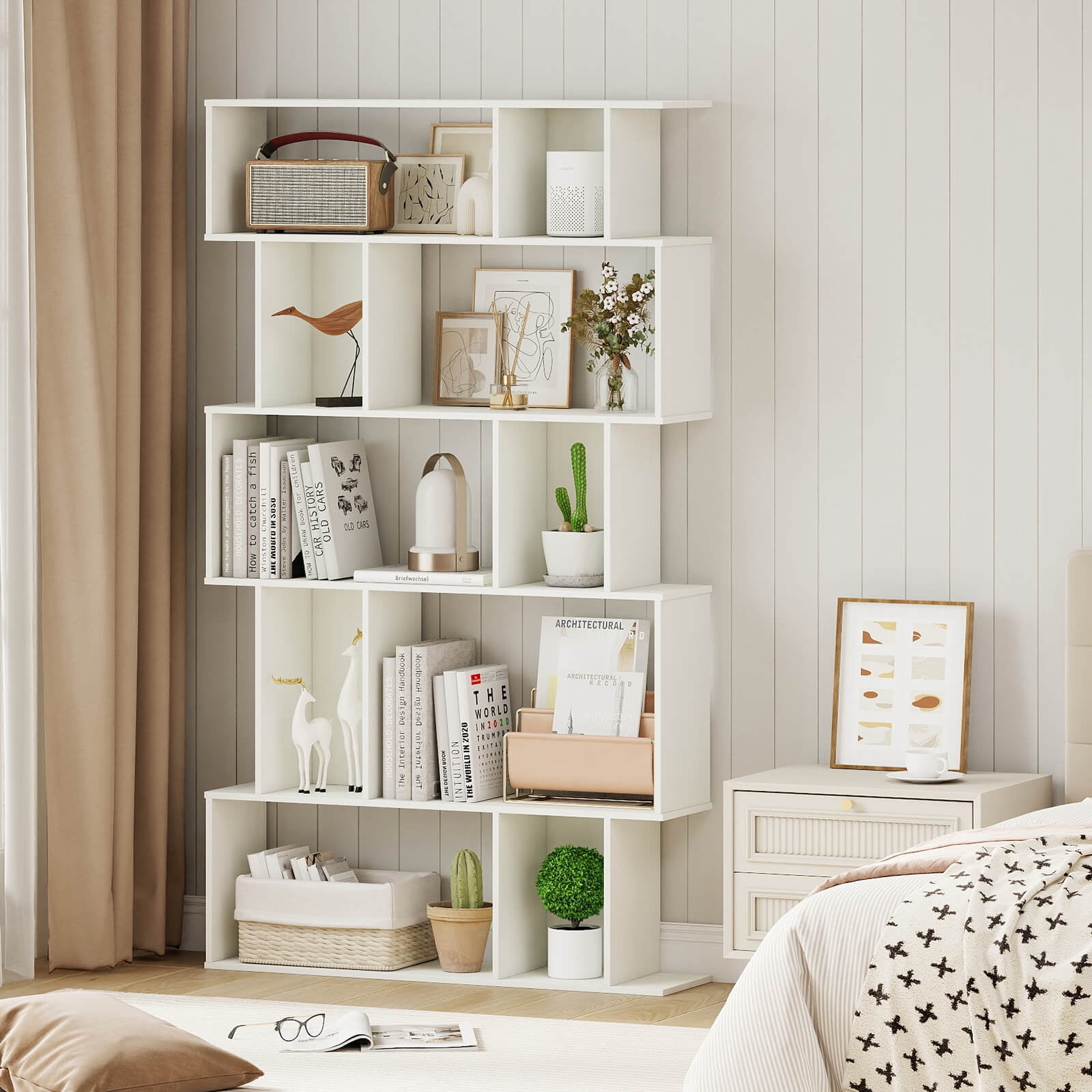 Costway 1 PCS 5-Tier Geometric Bookshelf with Open Shelves & Closed-back Cubes for Living Room White