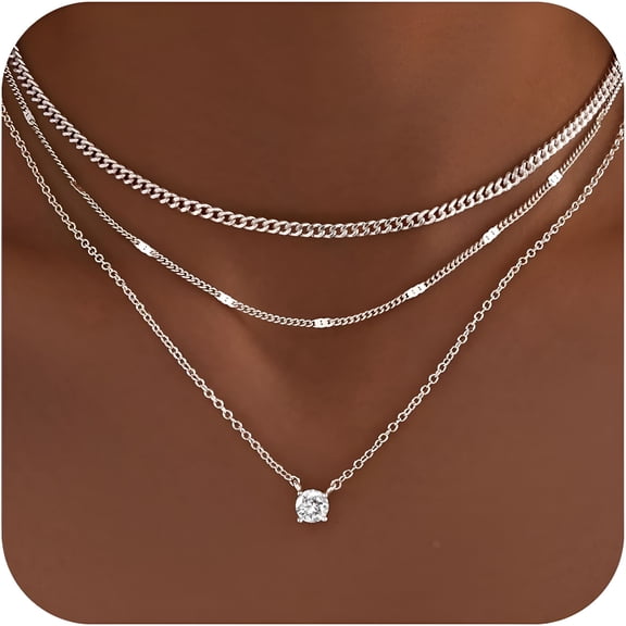 DESIGNICE Layered Gold Necklaces for Women, 14K Gold Sterling Silver Plated Dainty Pendant Necklace Set with Cubic Zirconia Circle, Chunky Stackable Cuban Chain Choker, Trendy Personalized