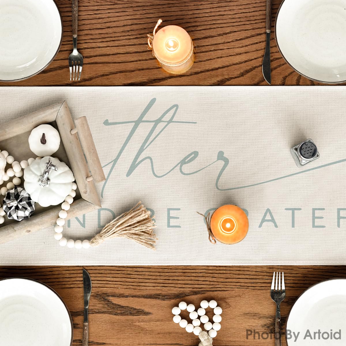 Smile Gather and Be Grateful Pumpkin Leaves Fall Table Runner, Thanksgiving Kitchen Dining Table Decoration for Home Party Decor 13x72 Inch