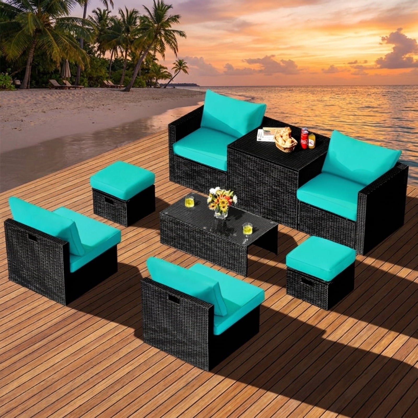 Furnibear 8 Pieces Patio Rattan Furniture Set Outdoor Wicker Conversation Sofa Set with Storage Table Tempered Glass Top and Cushions for Backyard, Turquoise