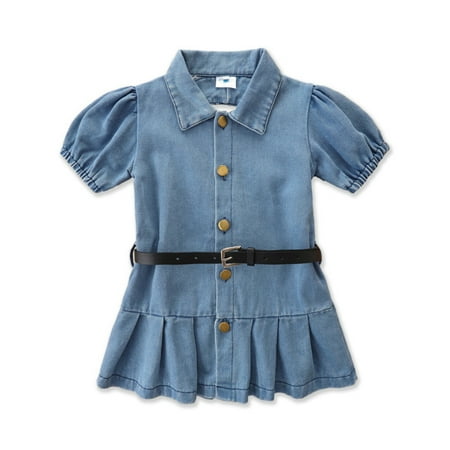 

Godderr Toddler Baby Girls Ruffle Denim Dress with Belt Summer Kids Short Sleeve Jean Dresses Buttons Casual Dresses for Girls Size 1-6T
