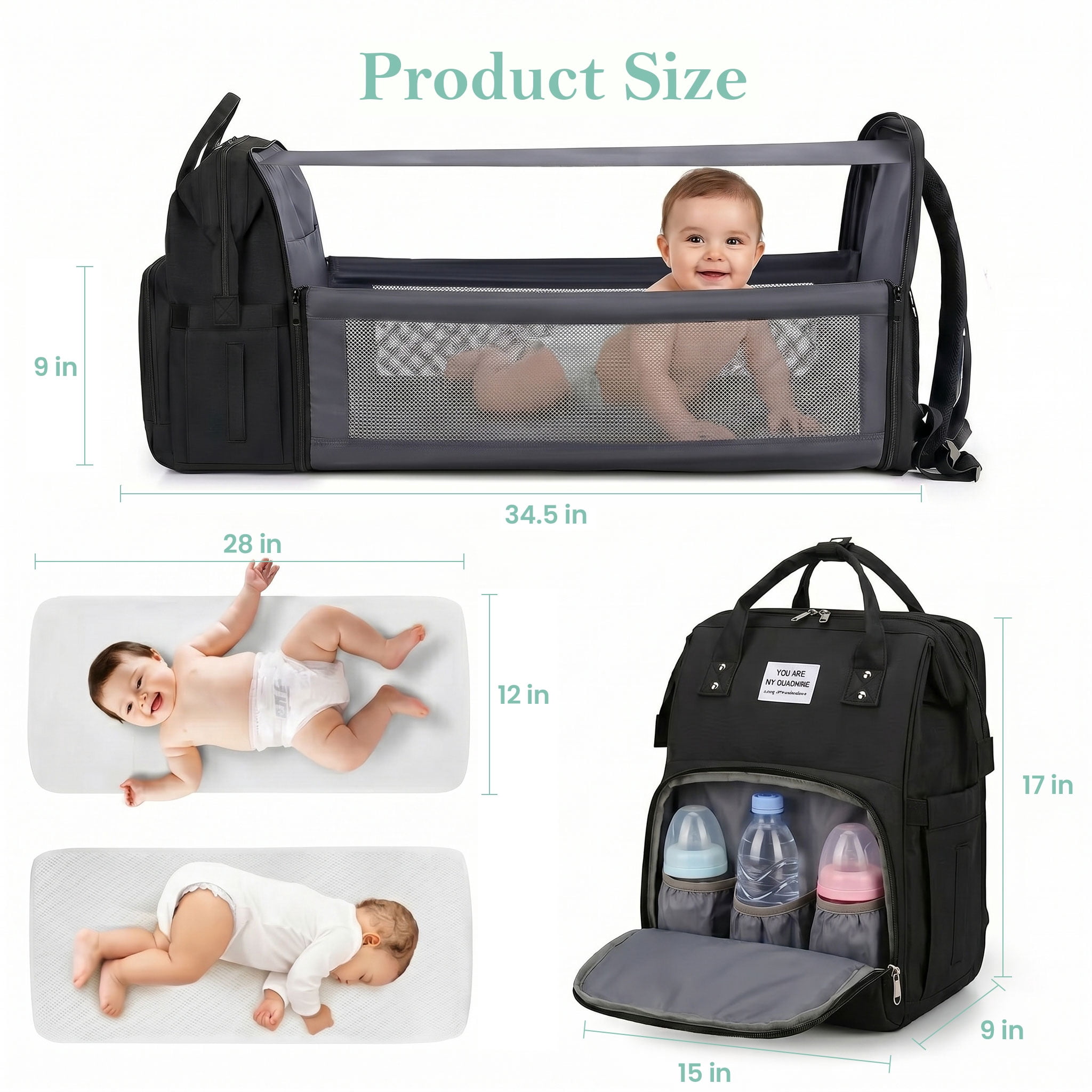 Diaper Bag Backpack with Changing Station, Waterproof Large Capacity Travel Baby Bag for Mom Dad, USB Charging Port, Baby Shower Gifts, Black