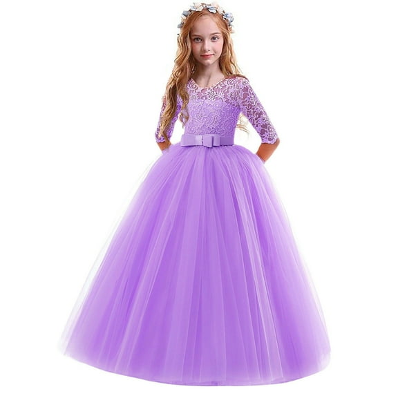 MEZZALL Performance Tutu Dress Girls Formal Girl Flower Lace Wedding Solid Color Child Bowknot Girls Dresses Cute Toddler Baby Wear 5-6Y