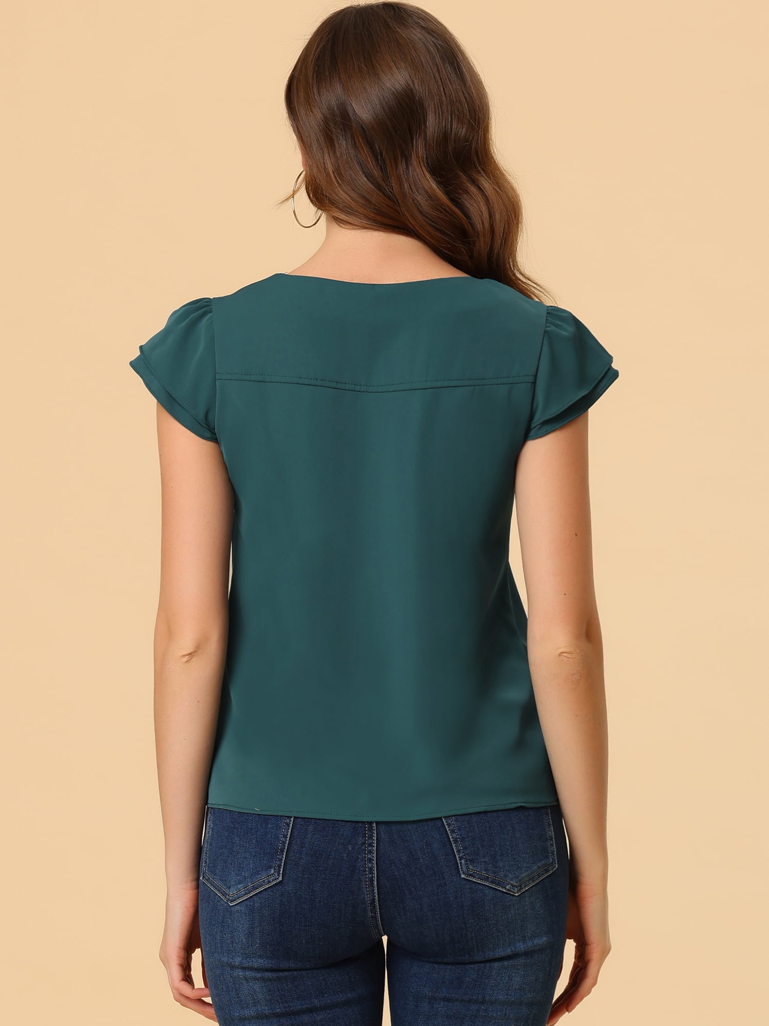 DARING DIVA Women's V Neck Casual Solid Cap Blouse Top XS Deep Green