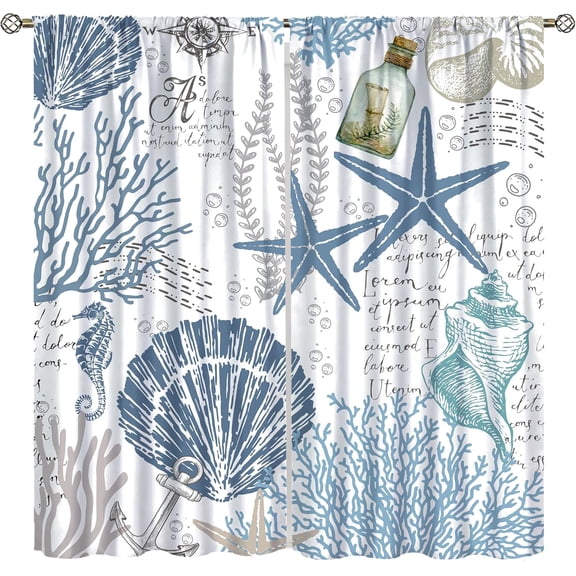 Nautical Ocean Beach Curtains,Blue Seashell Starfish Coral Coastal Cafe Curtains Marine Window Treatment Drapes Home Decor 42x63in, Style-8