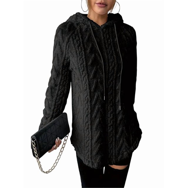 Women'S Solid Color Long Sleeve Hooded Jacquard Sweatshirt Jacket Slim Fit Drawstring Plush Sweatshirt Black M