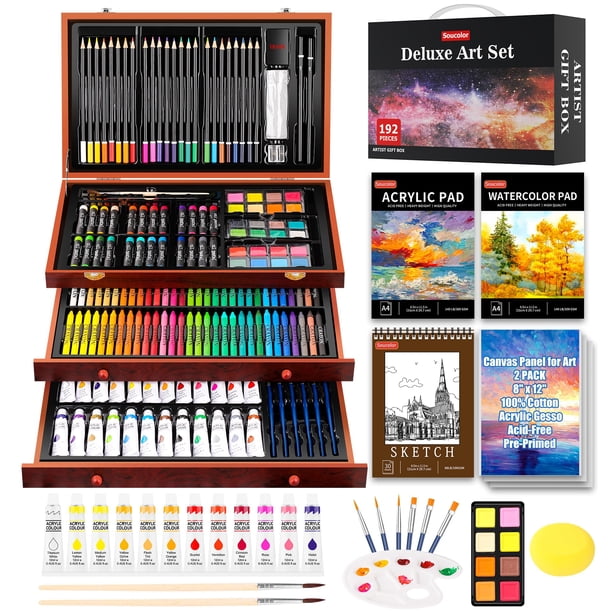 Set de arte de lujo Soucolor de Art Supplies, paquete de 192, con almohadilla acrílica