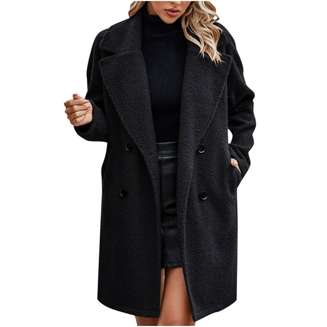 Lovzfmll Trench Coat for Women, Solid Color Button Front Plush Jacket, Elegant Pockets Belted Fall Winter Coat