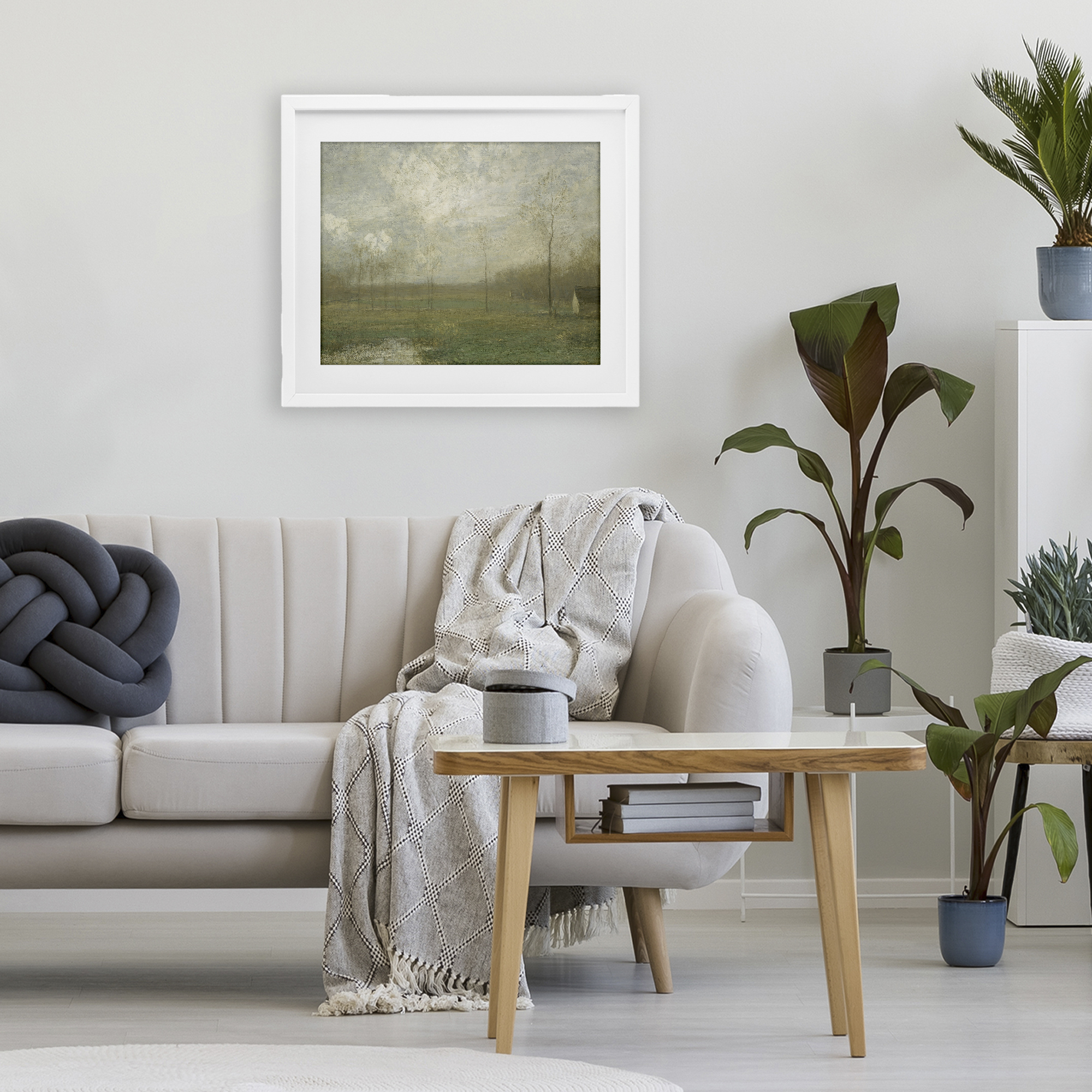 Hazy Farmland View White Framed Print Under Glass, design by Lettered and Lined