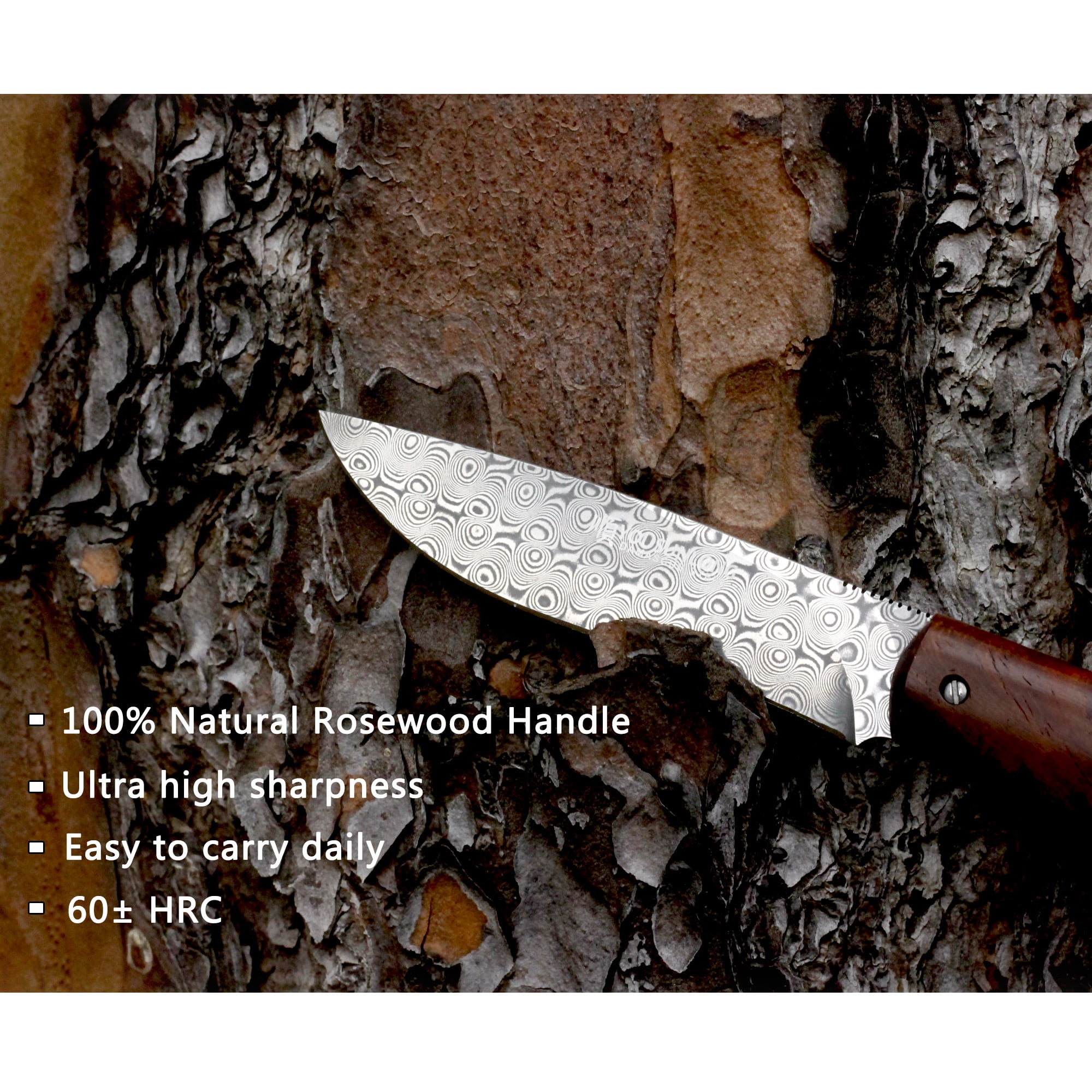 YOUSUNLONG Pocket Knife - Folding Knife Overall 186mm Damascus Steel Natural Rosewood Handle