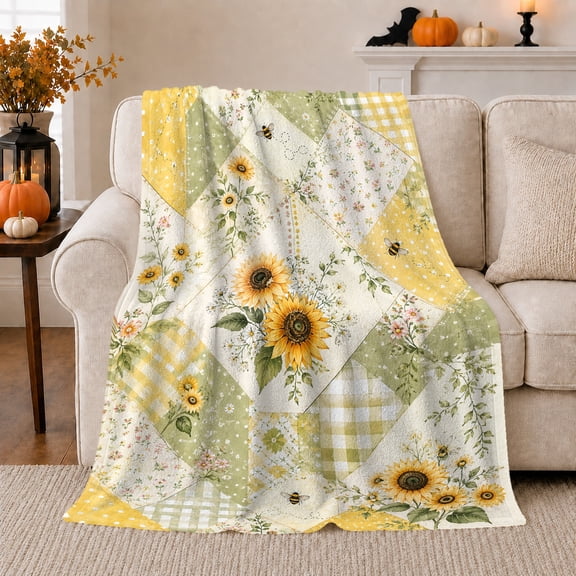 Sunflower Honeybee Patchwork Farmhouse, Rustic Botanical Portrait, Warm Flannel Blanket for Ranch House and Living Room, Garden Lovers Housewarming Gift, Rustic Home Decor