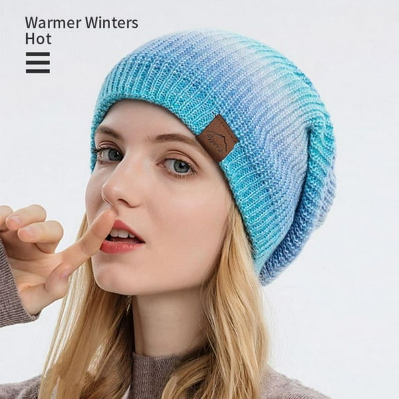 Women Beanie Winter Knitted Thickened Warm Hat Gradient Color Tie-dye Woolen Yarn Cap Fleece Lined Hat