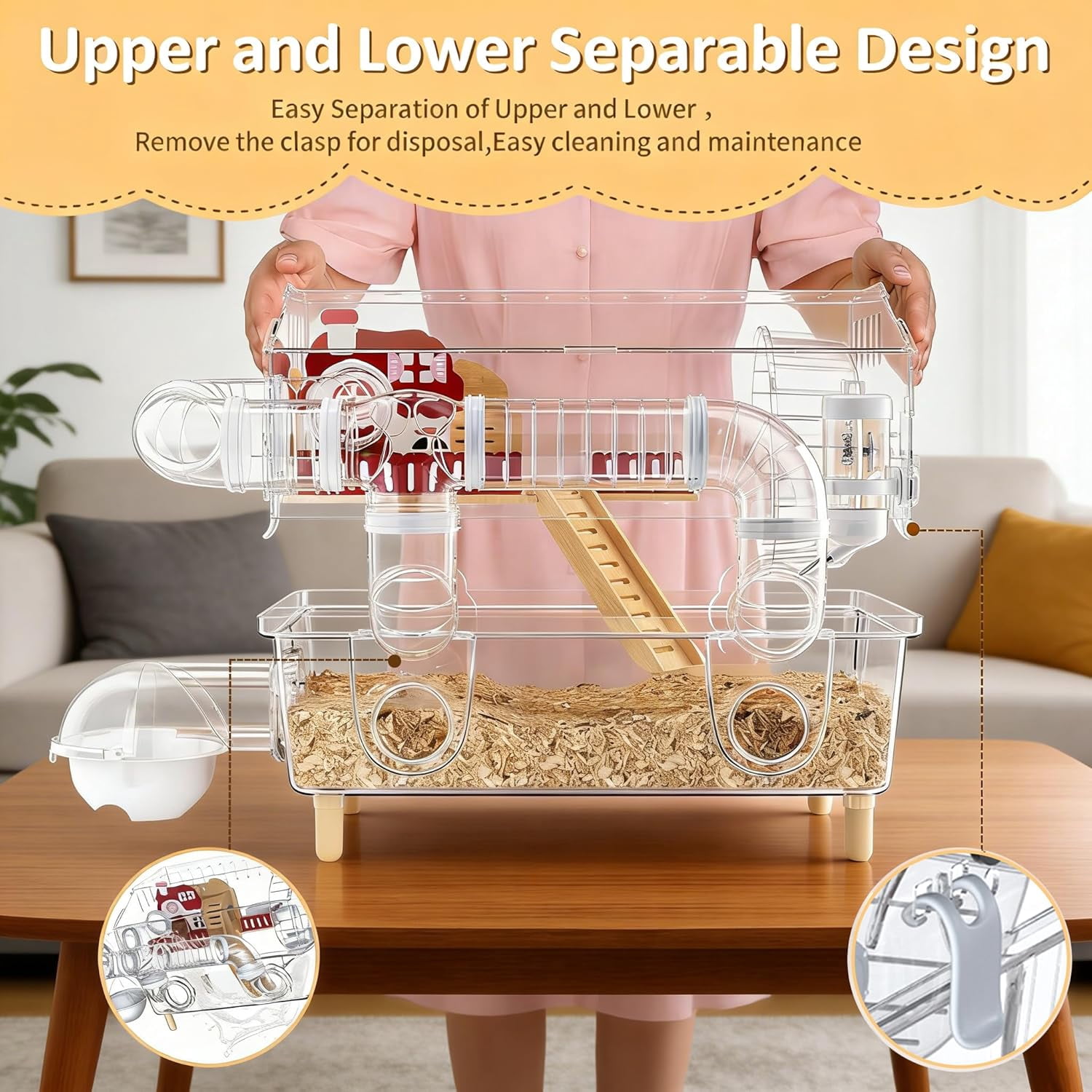 Acrylic Hamster Cage,8 in 1 Gerbil Cage with 360° Panoramic View,Top Open Mouse Cage with Tubes for Pet Mice,Dwarf Hamster,Gerbils (17.7"x13"x11.8")
