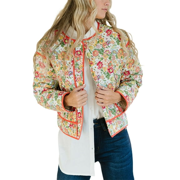 Michellecmm Women's Puffer Jacket Floral Print Buttons Front Quilted Coat Fall Winter Long Sleeve Padded Jacket Outerwear
