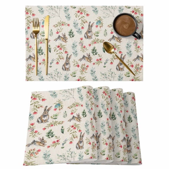 Brown Bunny Floral Easter Placemats Set of 8, Elegant Pastoral Spring Floral Placemats for Dining Table, Place Mats for Kitchen Tabletop, Waterproof Wipeable Dining Table Mats Set
