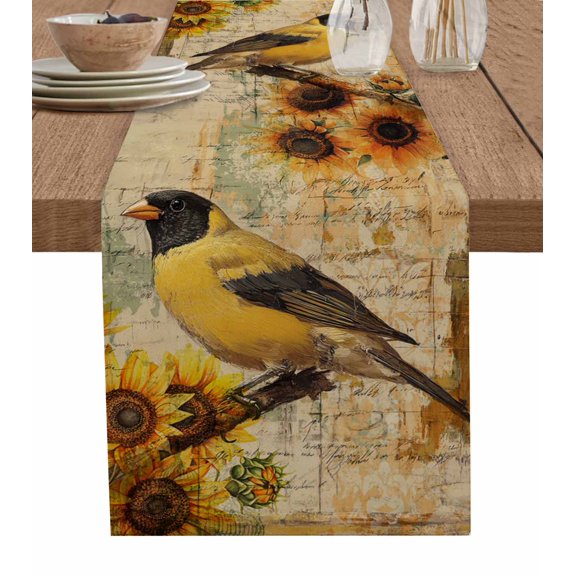 Ldtrchee Sunflower Floral Table Runner 72 Inches, Shabby Chic Birds Farmhouse Country Bed Runner Dresser Scarves Tabletop for Indoor Outdoor Parties/Ceremony/Banquet, 14" x 72"