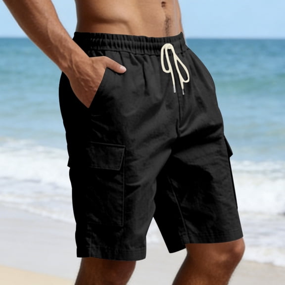 Cargo Work Shorts for Men Linen Elastic Waist Knee Length Cargo Shorts with Pockets Drawstring Comfort Big and Tall Outfit