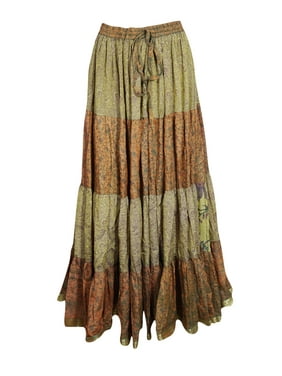 Mogul Women Brown Maxi Skirt Full Flared Beach Summer Printed Boho Comfy Gypsy HIPPIE CHIC Long Skirts ML