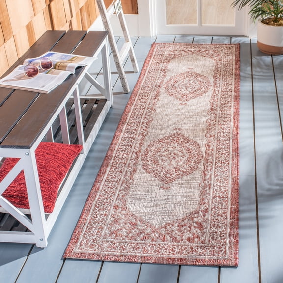SAFAVIEH Courtyard Avi Medallion Indoor/Outdoor Runner Rug, Light Beige/Terracotta, 2'3" x 10'