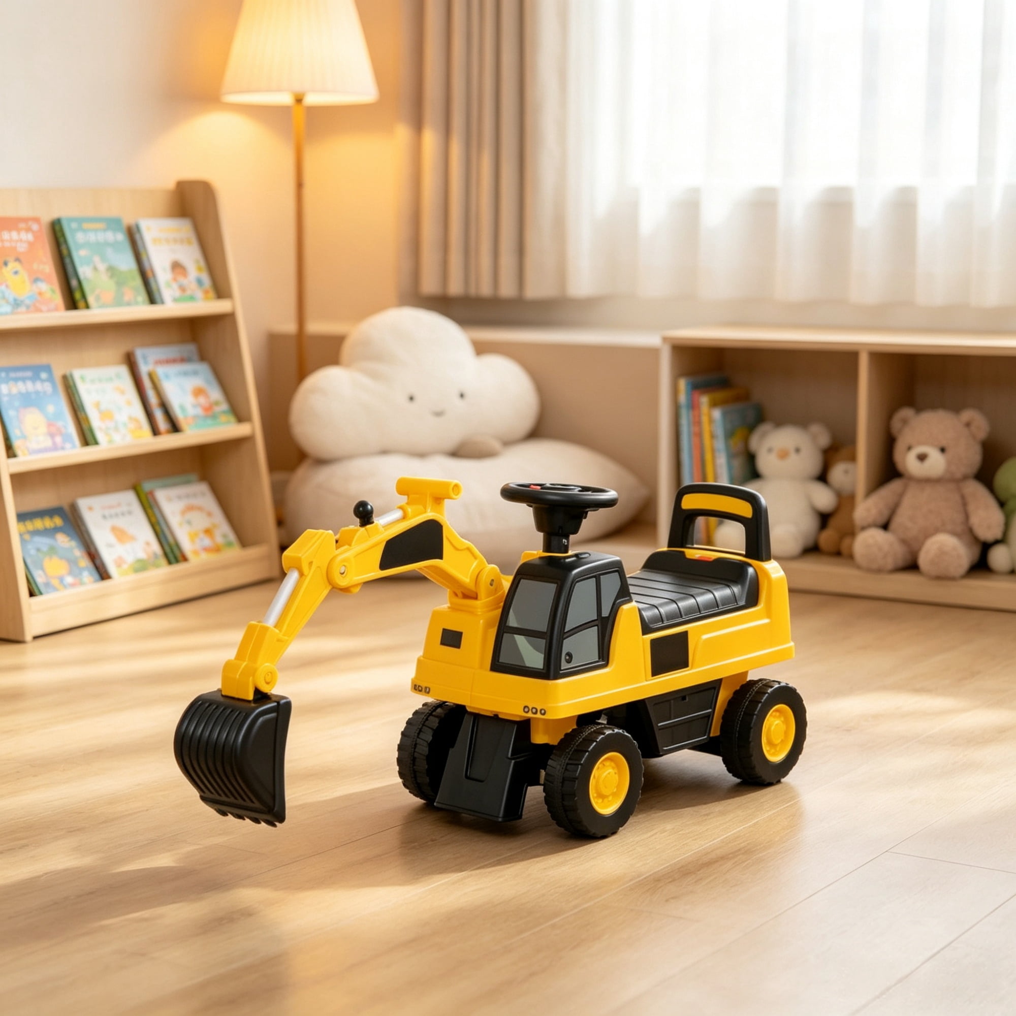 Toddler Excavator Toy, Anti-Tip Design, Manual Shovel, Horn, Hidden Storage, Yellow
