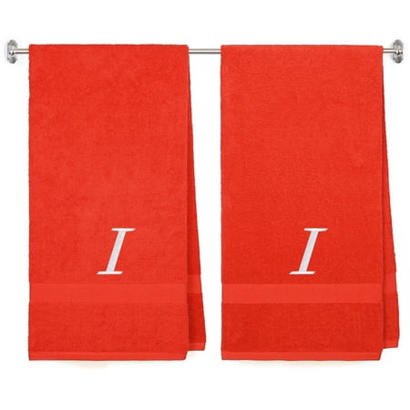 Embroidered Terry Cotton Bath Towel for Bath Shower – Personalized Gift -27 x 54 inches – 2-Pack – Red Color Towel – Silver Script Initial I
