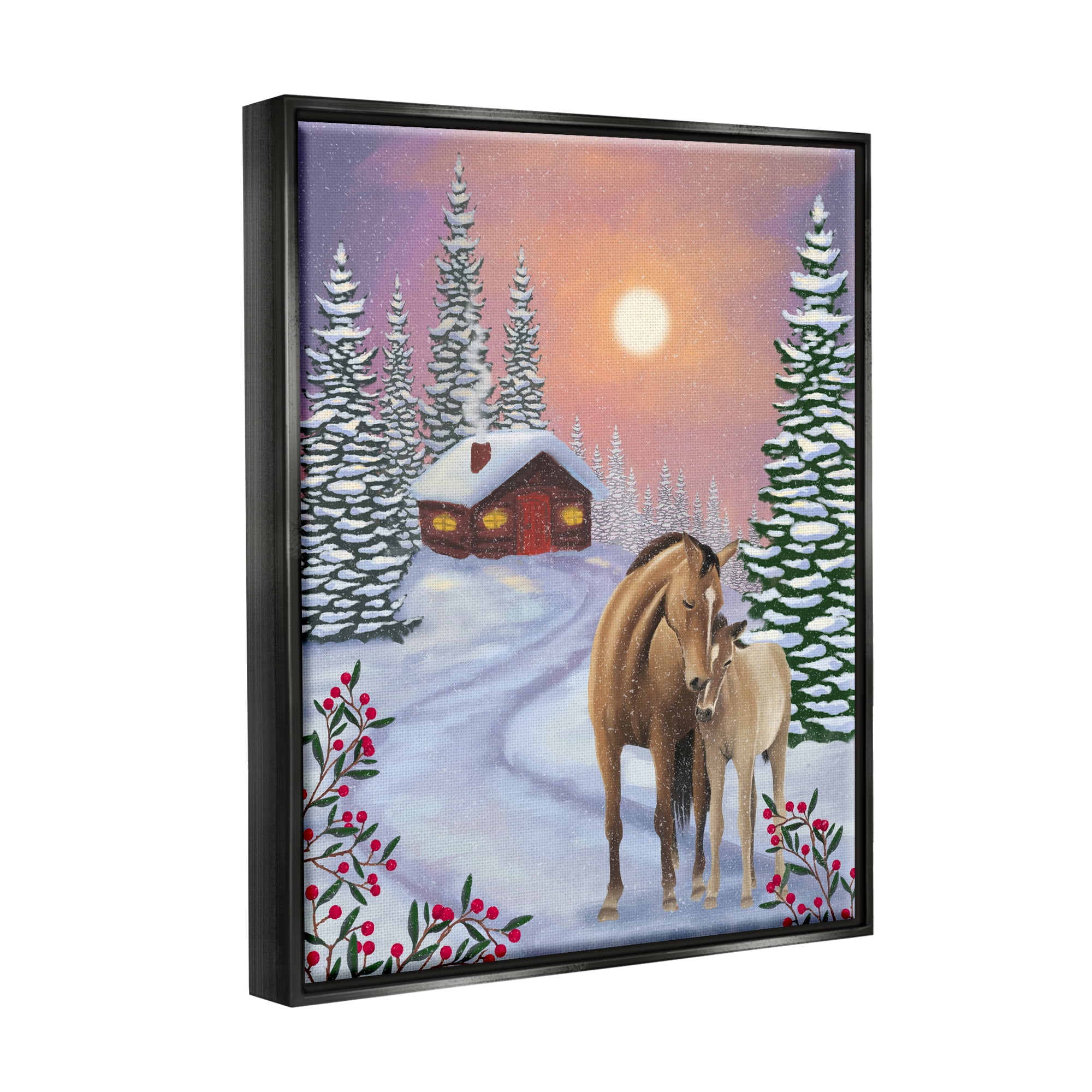 Stupell Industries Holiday Horses Winter Scene Holiday Painting Black Floater Framed Art Print Wall Art