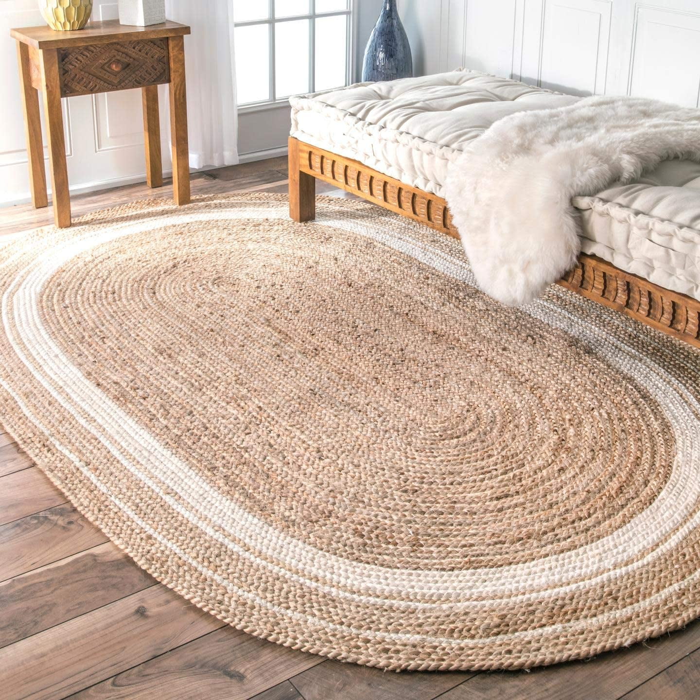 Handmade Braided Natural Pure Jute with white Cotton Oval Shape Area Rugs ,Home Décor Rugs Size 2 x 4 Feet ( 60 cm x 120 cm )
