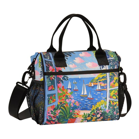 FORMRS Insulated Lunch Bag for Work School Unisex Large Capacity Cooler with Shoulder Strap, Pink Floral Window