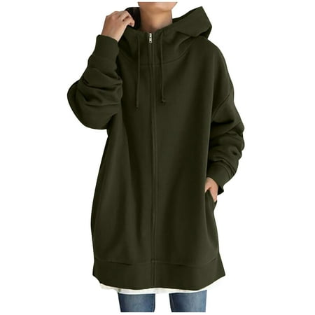 DuoJiaJ Women s Solid Color Cause Streetwear Sweater Zipper Hooded Long Sleeve Sweatshirt Coat Womens Winter Coat Plus Size Green L
