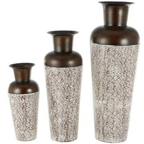 DecMode 18", 39", 28"H Tall Tapered Floor White Metal Vase with Brown Trumpet Tops, Set of 3