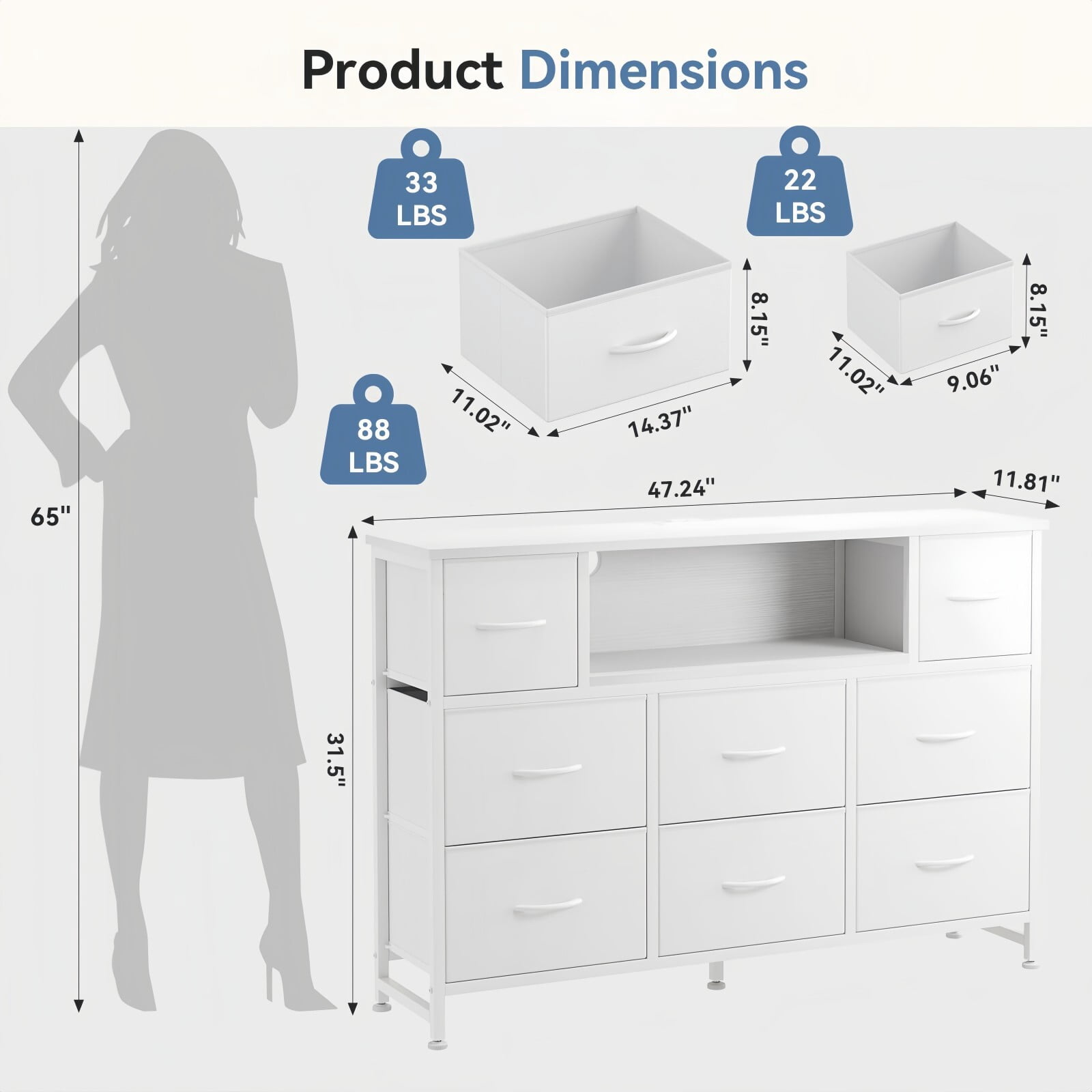 Kelno TV Stand Dresser with 8 Fabric Drawers Open Shelf LED Lights AC USB Charging Station, White