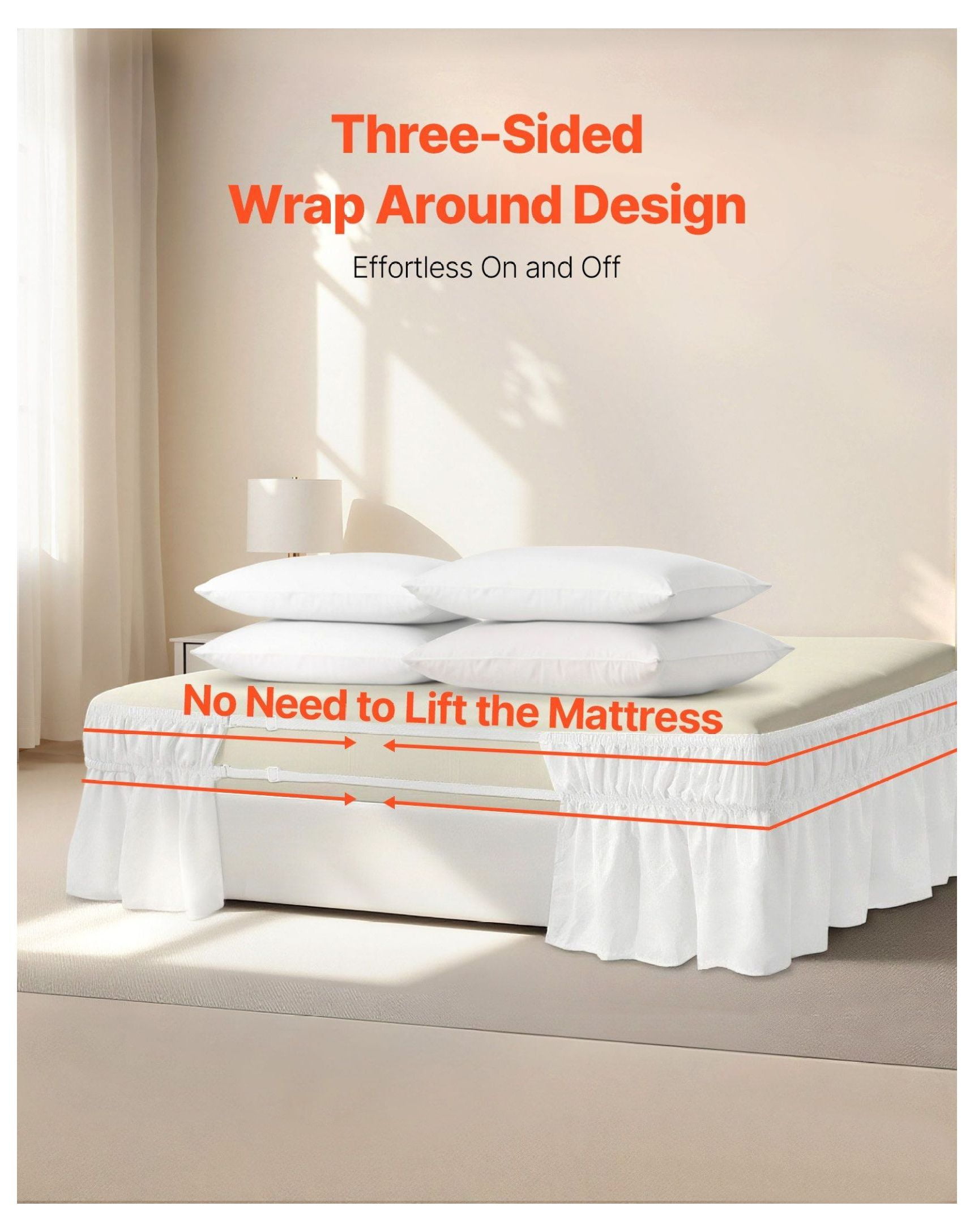 Queen Bed Skirt 15 Inch Drop White, Wrap Around 3 Sides Adjustable, Dust Ruffle with Elastic Strap, Wrinkle Resistant, Machine Washable for Queen Beds