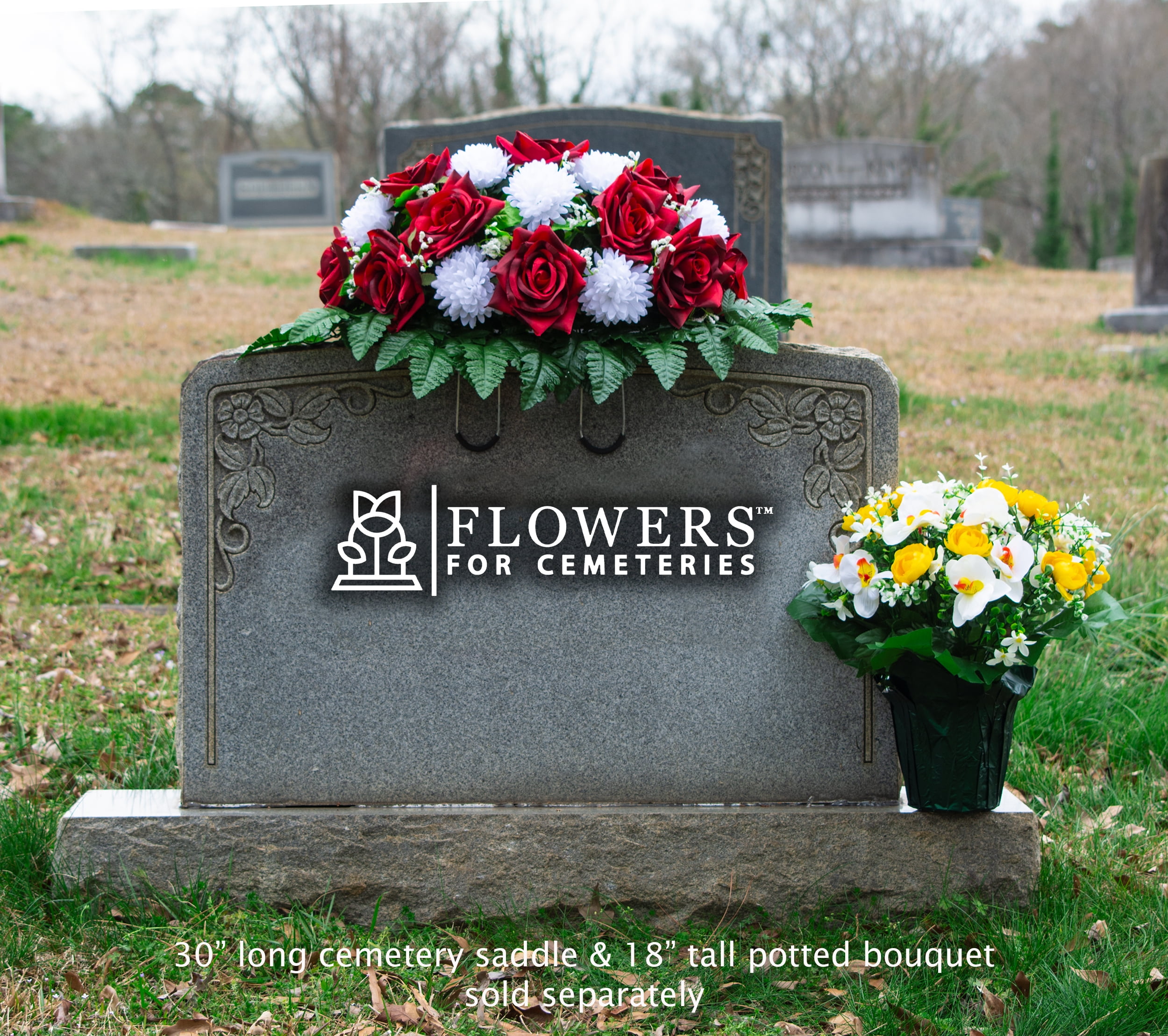 Sympathy Silks Artificial Cemetery Flowers 30" Red Open Rose/White Mum Saddle for Headstone