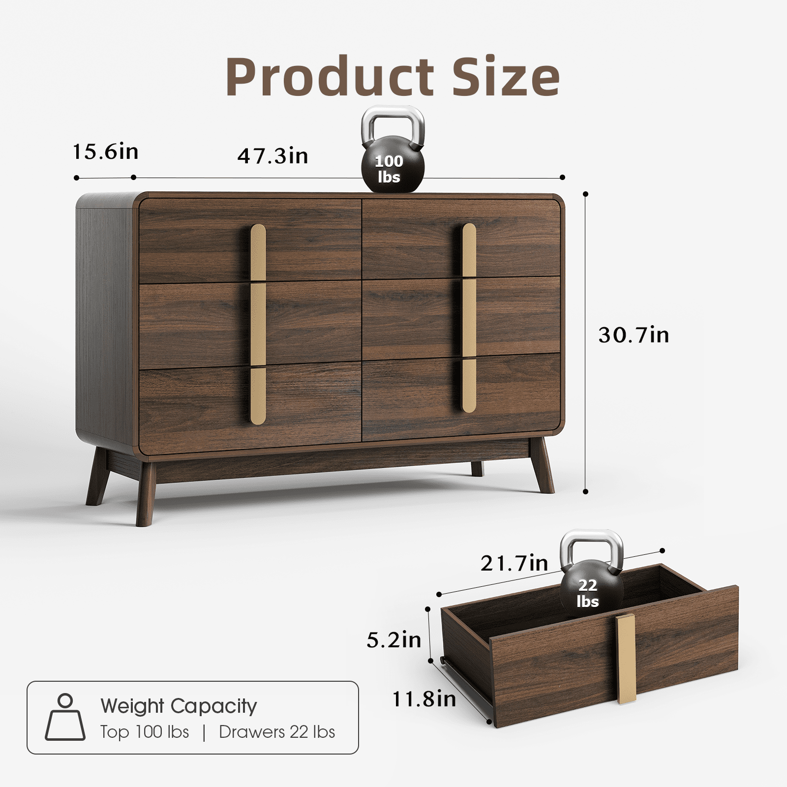 JOINICE Mid Century Modern 6 Drawer Dresser with Storage,Large Wood Drawer Organizer,for Bedroom,Black Walnut