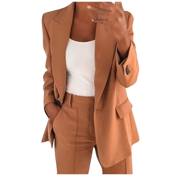 PEZHADA Fall Savings Women's Ruched Long Sleeve Open Front Blazer Jacket Casual Business Work Office Blazers with Pockets Brown
