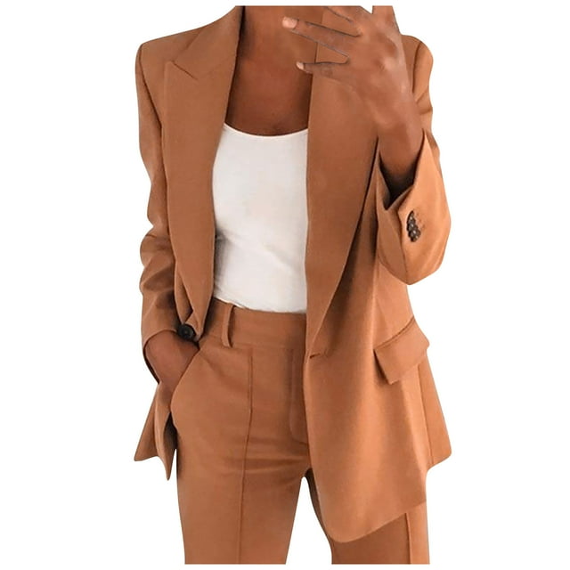 PEZHADA Économies d'Automne Blazer pour Femme Froncé à Manches Longues Ouvert à l'Avant Veste Décontractée Affaires Travail Bureau Blazers avec Poches Brun