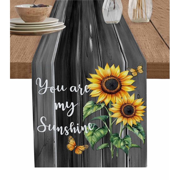 ERUNPONLY Yellow Sunflower Table Runner - 72 Inch Long Butterfly Sunshine Black Farmhouse Wood Cotton and Linen Blended Dress Scarves Farmhouse Table Runner for Kitchen Dining, Coffee Table, 14"x72"
