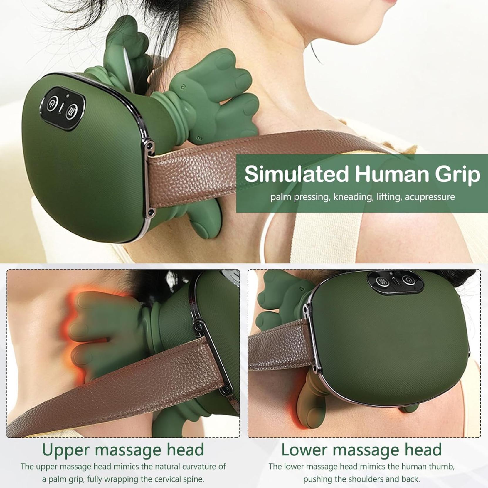Electric Neck and Shoulder Massager – 3 Speeds Kneading Massage, Wireless Portable Bionic Heated Massager, Neck Massager with Fingers, for Stress Relief and Muscle Relaxation
