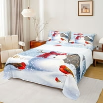 Homewish Christmas Snowman Child Queen Sheet Sets, Red Robin Bird Flat Sheet, Winter Western Cabin Queen Fitted Sheet, Breathable Home Decor, 4pcs