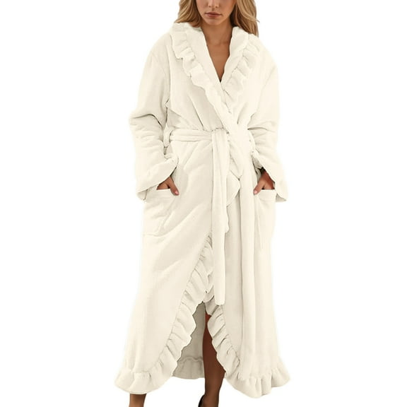 Women Solid Flannel Robe Long Sleeve Thermal Bathrobe Elegant Loungewear Color:White Size:XL