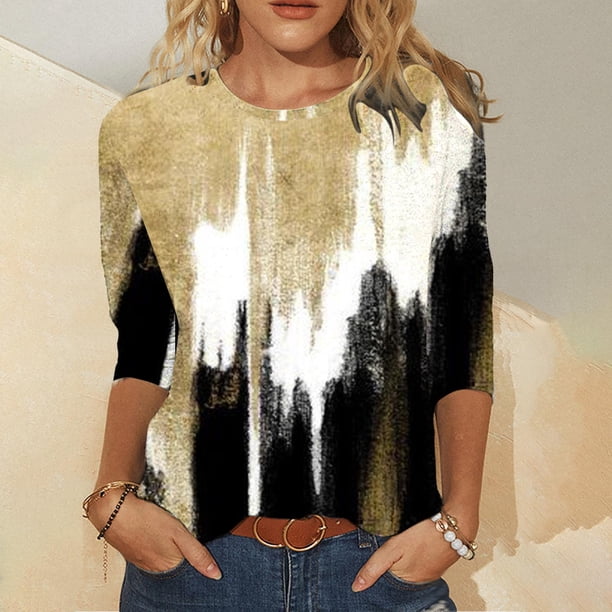 Pntutb Mujeres 3/4 Mangas Casual Camisas Pullover Túnica Suelta tops Estampado O-Cuello Blusa Pntutb Pntutb-5353